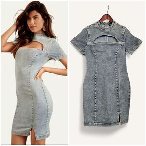 Venus Denim Mock Neck Short Sleeve Bodycon Cut-Out Stretch Jean Mini Dress 12